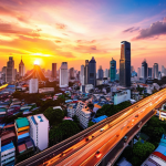 **Bangkok Smart City:** A futuristic cityscape of Bangkok, Thailand, showcasing smart traffic management systems, advanced surveillance technology, and digital government service kiosks, under a vibrant sunset. Focus on demonstrating the integration of technology and urban life.
