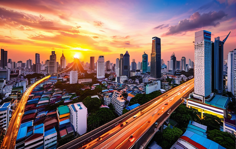 **Bangkok Smart City:** A futuristic cityscape of Bangkok, Thailand, showcasing smart traffic management systems, advanced surveillance technology, and digital government service kiosks, under a vibrant sunset. Focus on demonstrating the integration of technology and urban life.