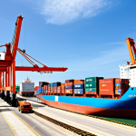 **Prompt:** A bustling scene at Laem Chabang Port, Thailand's largest port. Container ships are being loaded and unloaded by automated cranes under a bright, sunny sky. Container trucks are moving efficiently, showcasing the port's high throughput and modern infrastructure. The port is clean and well-organized, reflecting its focus on sustainable development.