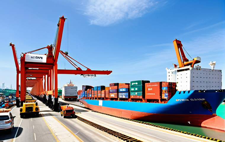 **Prompt:** A bustling scene at Laem Chabang Port, Thailand's largest port. Container ships are being loaded and unloaded by automated cranes under a bright, sunny sky. Container trucks are moving efficiently, showcasing the port's high throughput and modern infrastructure. The port is clean and well-organized, reflecting its focus on sustainable development.