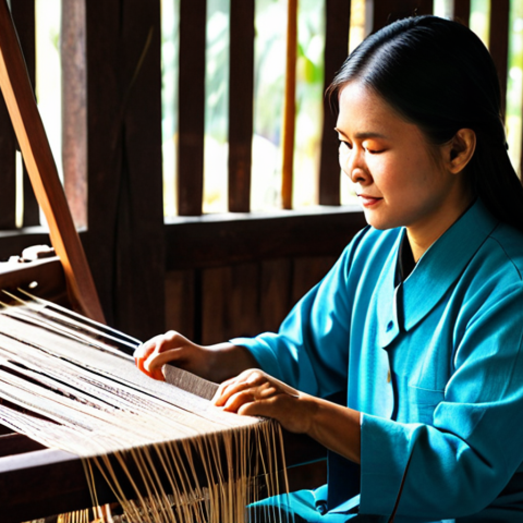 A skilled Thai artisan, fully clothed in modest traditional attire, meticulously hand-weaving intricate patterns on an ancient wooden loom in a sunlit, authentic textile workshop. Natural light bathes the scene, highlighting her well-formed hands and correct proportions as she works. The vibrant, natural dye colors of the threads are visible, emphasizing the traditional craftsmanship. This image is safe for work, appropriate content, and family-friendly, showcasing perfect anatomy and a natural pose in professional photography with high quality.