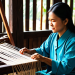A skilled Thai artisan, fully clothed in modest traditional attire, meticulously hand-weaving intricate patterns on an ancient wooden loom in a sunlit, authentic textile workshop. Natural light bathes the scene, highlighting her well-formed hands and correct proportions as she works. The vibrant, natural dye colors of the threads are visible, emphasizing the traditional craftsmanship. This image is safe for work, appropriate content, and family-friendly, showcasing perfect anatomy and a natural pose in professional photography with high quality.