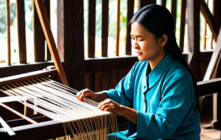 A skilled Thai artisan, fully clothed in modest traditional attire, meticulously hand-weaving intricate patterns on an ancient wooden loom in a sunlit, authentic textile workshop. Natural light bathes the scene, highlighting her well-formed hands and correct proportions as she works. The vibrant, natural dye colors of the threads are visible, emphasizing the traditional craftsmanship. This image is safe for work, appropriate content, and family-friendly, showcasing perfect anatomy and a natural pose in professional photography with high quality.